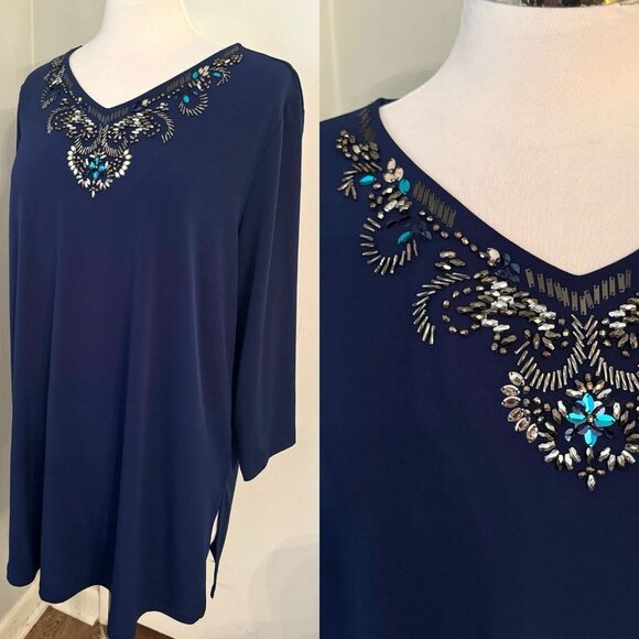 Susan Graver Artisan Top Size XL  Blue Beaded V Neck 3/4 Sleeve Tunic Blouse - Picture 3 of 15